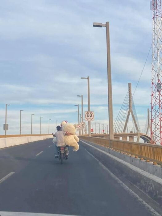 Hombre recorriendo calles con un peluche gigante para su hija 