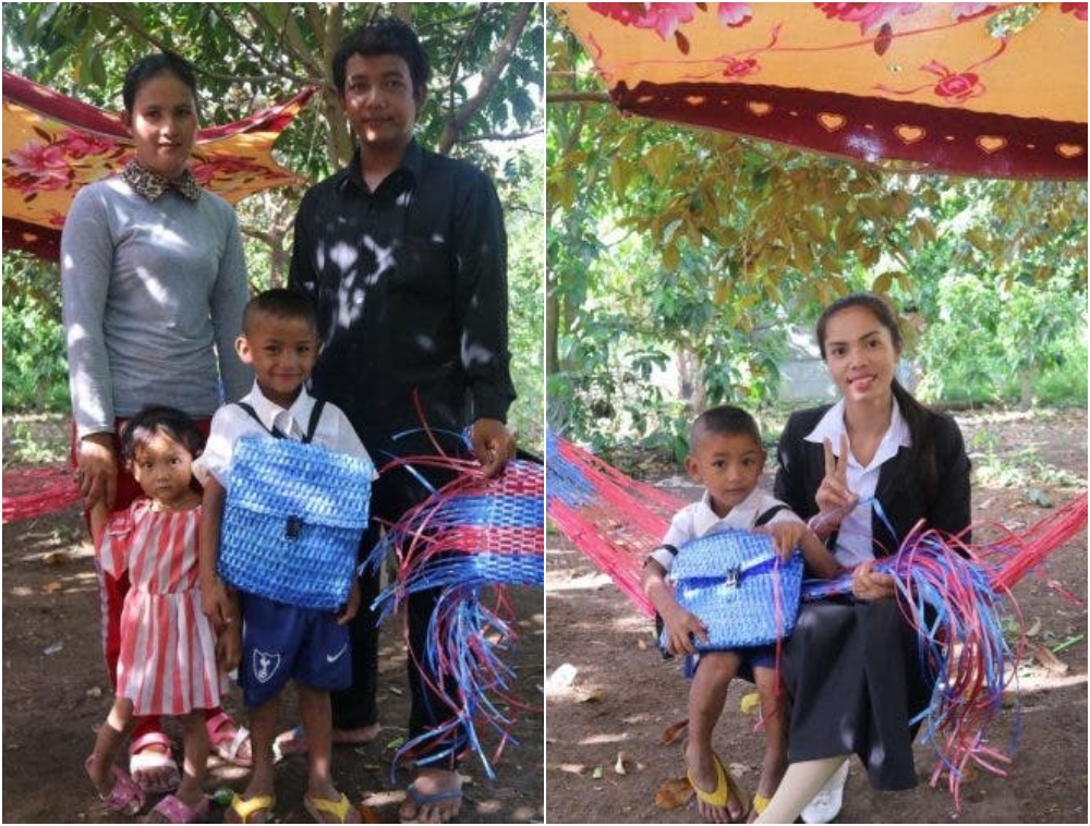 Boy with his teacher;  Humble dad weaves a backpack for his son