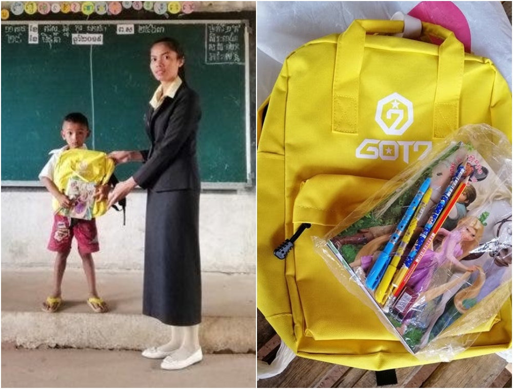 boy with new backpack;  Humble dad weaves a backpack for his son