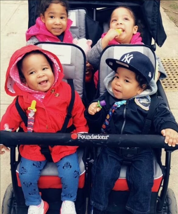 Three pairs of twins strolling down the street 