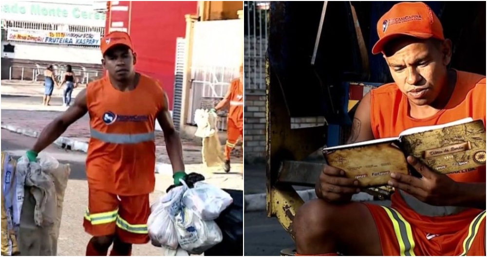 hombre leyendo; Recolector de basura  recupera libros y crea una biblioteca