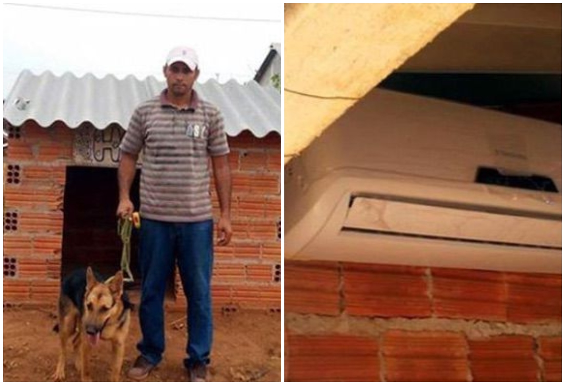 Hombre junto a su mascota; dueño coloca aire acondicionado en casa de su perro