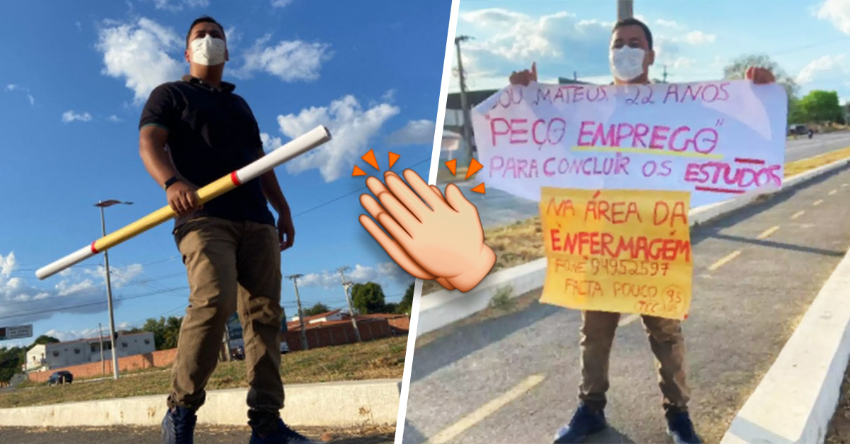 Young man displays a sign with his details on the street hoping to find a job, and he gets it!
