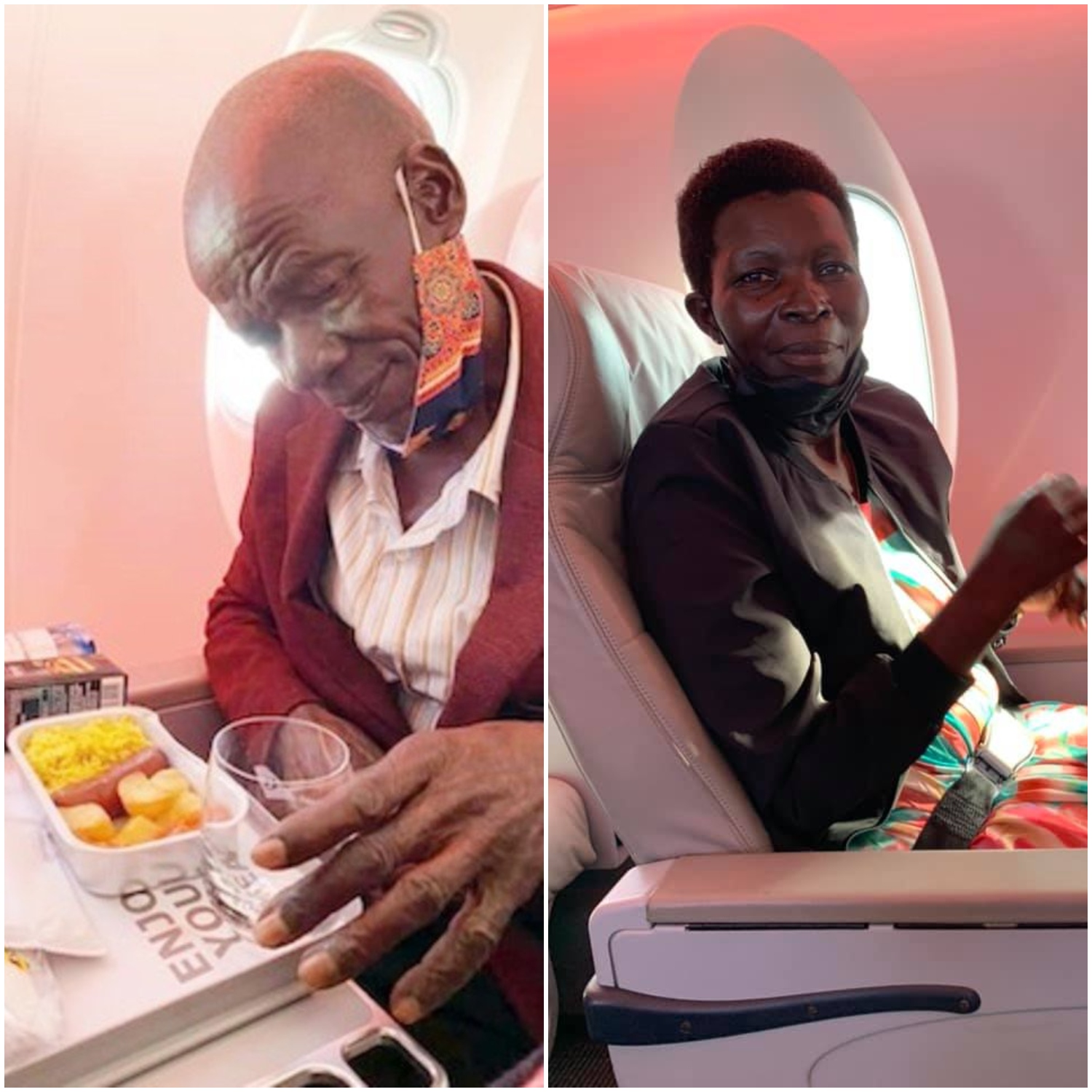 people on a flight;  Young man takes the man who took care of him as a child on a trip and plans to give him a house
