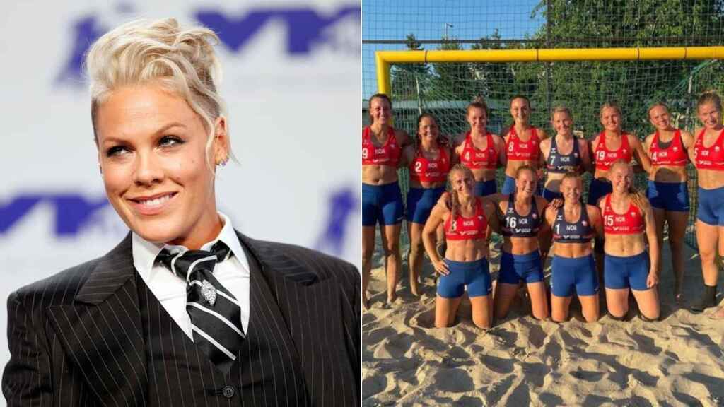 Pink junto a jugadoras de balonmano