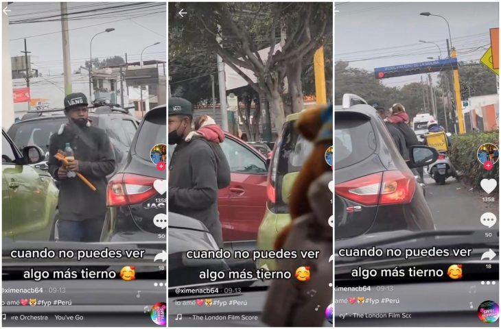 Joven carga a su perrito en la espalda mientras limpia parabrisas en la calle