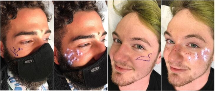 Chicos con pecas falsas; Las personas están tatuando constelaciones en sus rostros con pecas falsas 