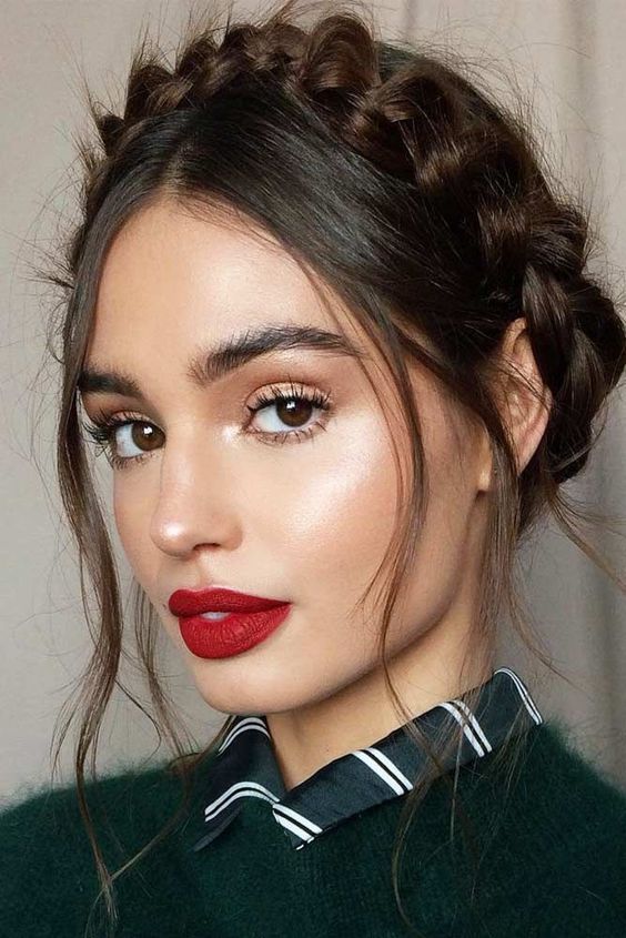 girl with red lipstick; Makeup in brown tone for autumn winter