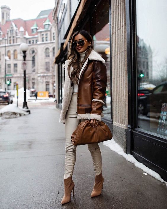 girl with brown jacket; 15 Outfits with aviator jacket to keep you warm and fashionable