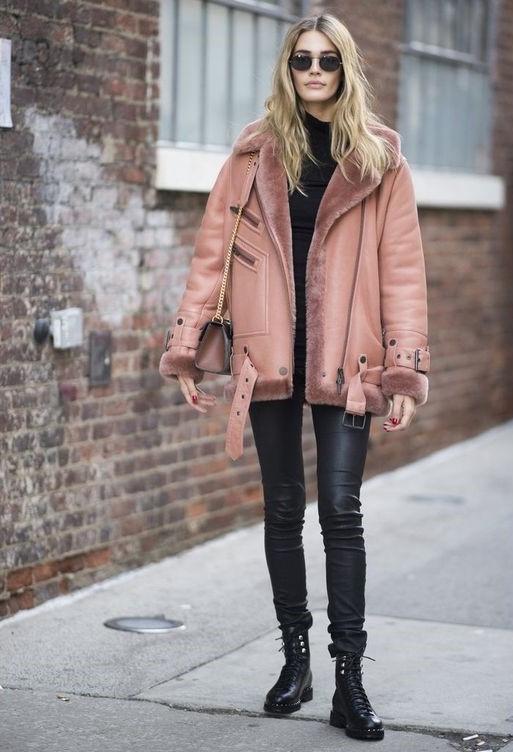 Girl with pale pink jacket; 15 Outfits with aviator jacket to keep you warm and fashionable