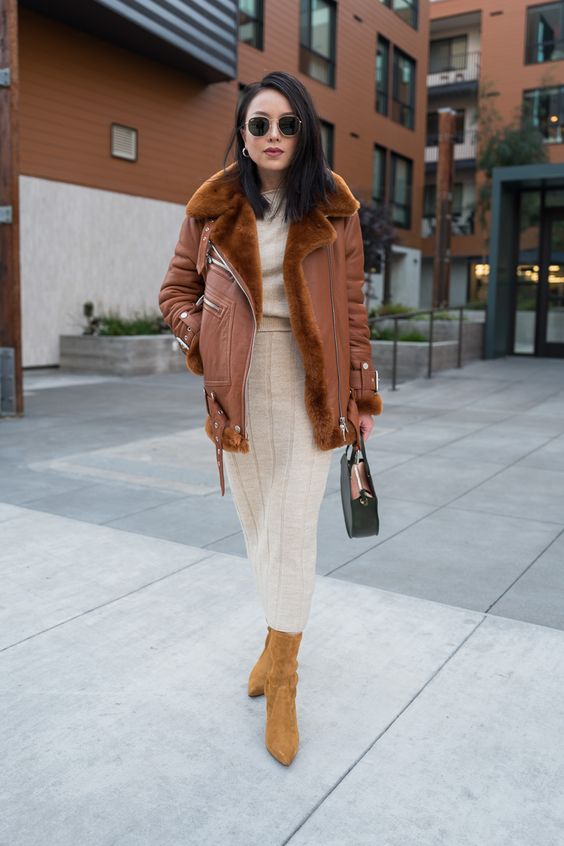 girl with brown jacket; 15 Outfits with aviator jacket to keep you warm and fashionable