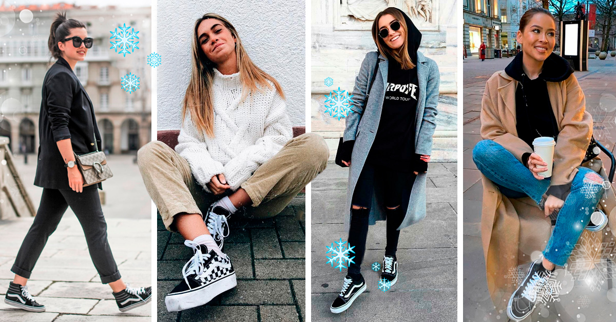 Diferentes outfits otoñales con tenis Vans de plataforma