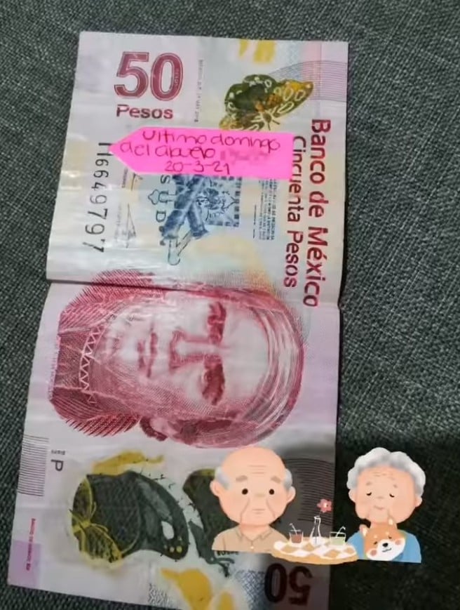 Billete de 50 pesos; 'Último domingo del abuelo'. Internet busca al dueño de un billete especial