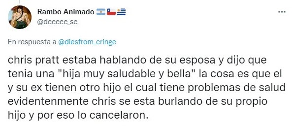 Tuit sobre internet quiere cancelar a Chris Pratt por supuestos comentarios hacia su hijo