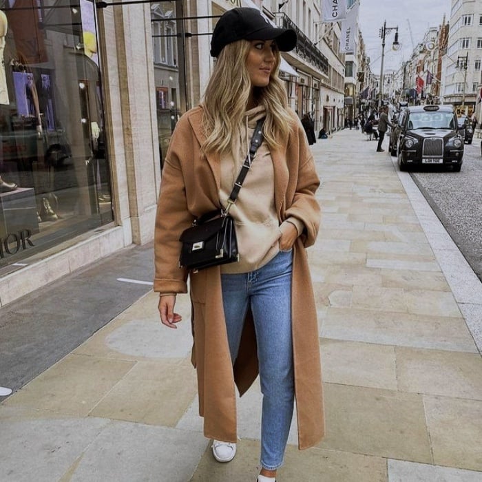 girl, girl with long, short, collected, brown, blond, light hair with neutral beige coat with jeans, pants, shorts, skirt, black leather platform boots