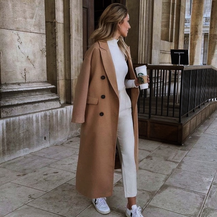 girl, girl with long, short, collected, brown, blond, light hair with neutral beige coat with jeans, pants, shorts, skirt, black leather platform boots