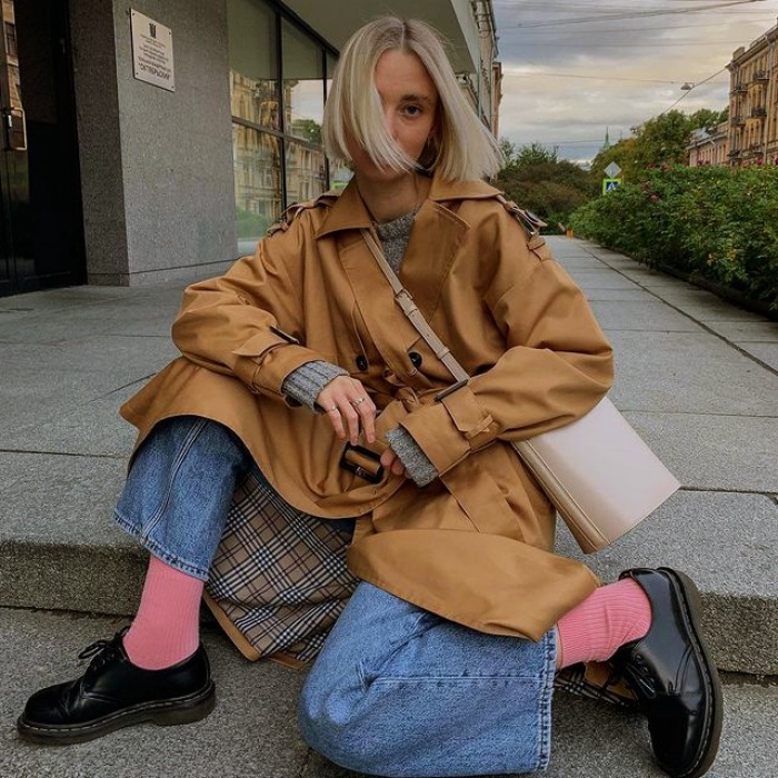 girl, girl with long, short, collected, brown, blond, light hair with neutral beige coat with jeans, pants, shorts, skirt, black leather platform boots