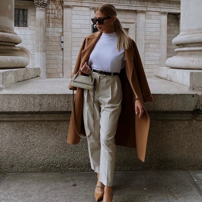 girl, girl with long, short, collected, brown, blond, light hair with neutral beige coat with jeans, pants, shorts, skirt, black leather platform boots