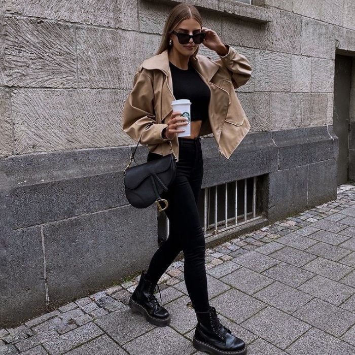 girl, girl with long, short, collected, brown, blond, light hair with neutral beige coat with jeans, pants, shorts, skirt, black leather platform boots