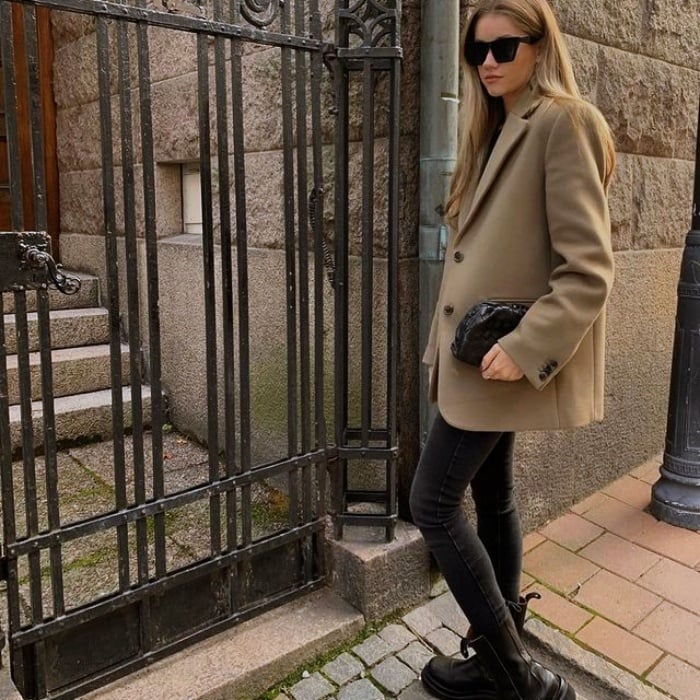 girl, girl with long, short, collected, brown, blond, light hair with neutral beige coat with jeans, pants, shorts, skirt, black leather platform boots