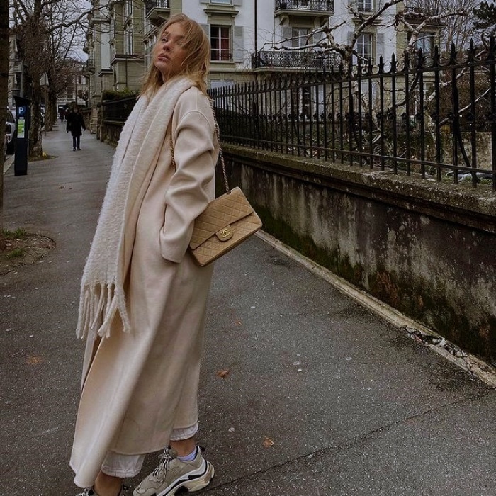 girl, girl with long, short, collected, brown, blond, light hair with neutral beige coat with jeans, pants, shorts, skirt, black leather platform boots