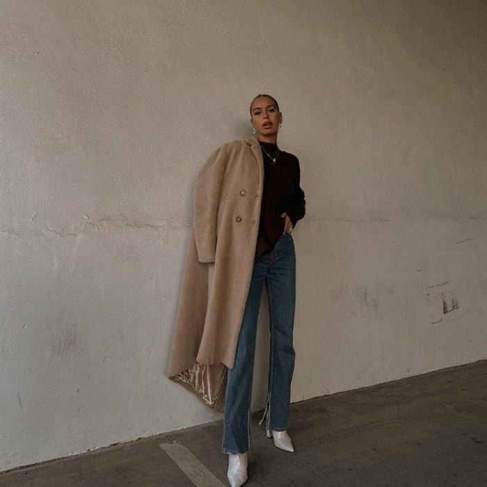 girl, girl with long, short, collected, brown, blond, light hair with neutral beige coat with jeans, pants, shorts, skirt, black leather platform boots