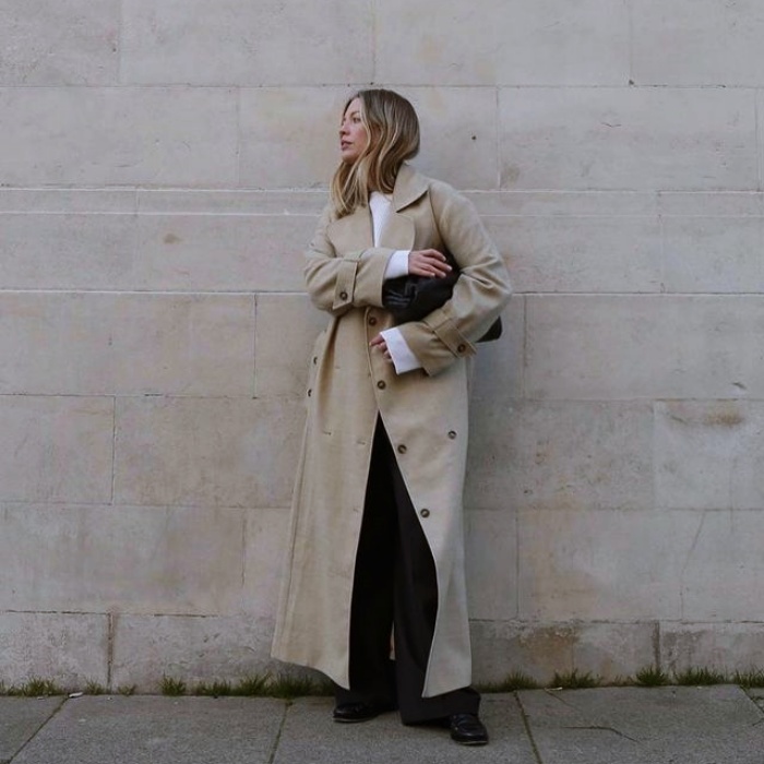 girl, girl with long, short, collected, brown, blond, light hair with neutral beige coat with jeans, pants, shorts, skirt, black leather platform boots