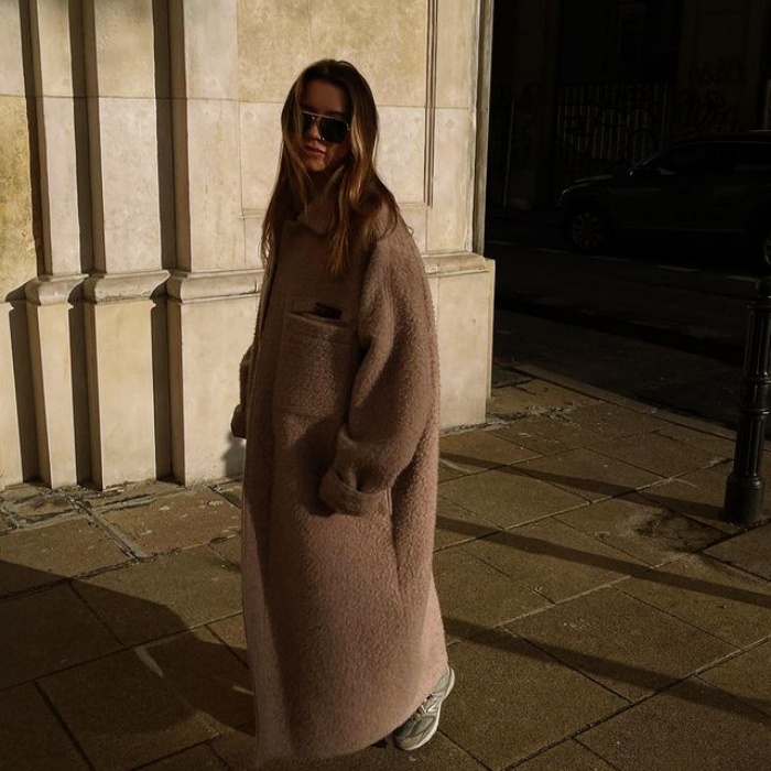 girl, girl with long, short, collected, brown, blond, light hair with neutral beige coat with jeans, pants, shorts, skirt, black leather platform boots