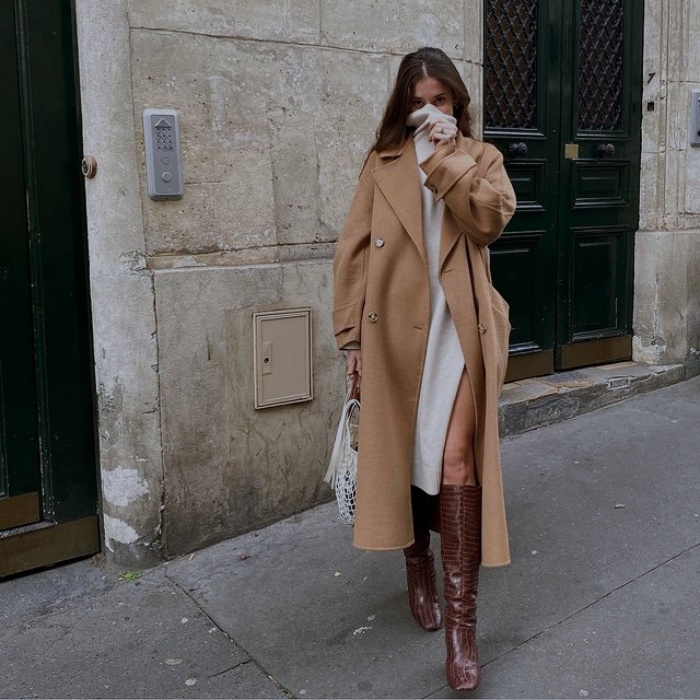 girl, girl with long, short, collected, brown, blond, light hair with neutral beige coat with jeans, pants, shorts, skirt, black leather platform boots