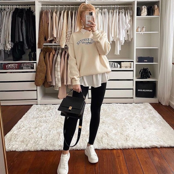 girl, girl, woman with short, long, brown, blond, light, dark hair wearing white tennis shoes, jeans, pants, sweatshirt, coat, oversized blouse, bag, accessories, leather jacket