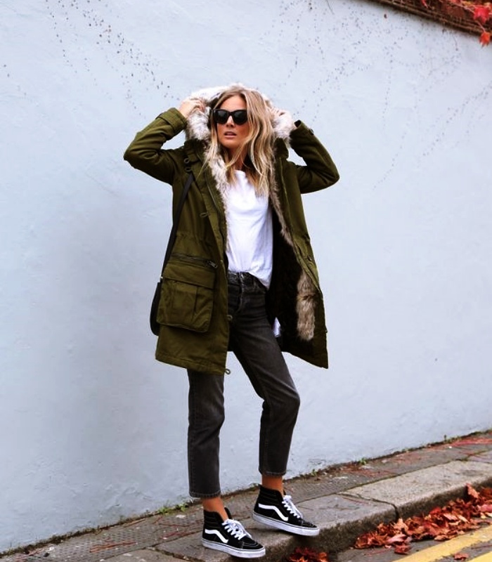 girl, girl, woman with long hair, short, up, dark, blond, black, light wearing platform vans with jeans, pants, coat, sweatshirt, leather bag, sweater