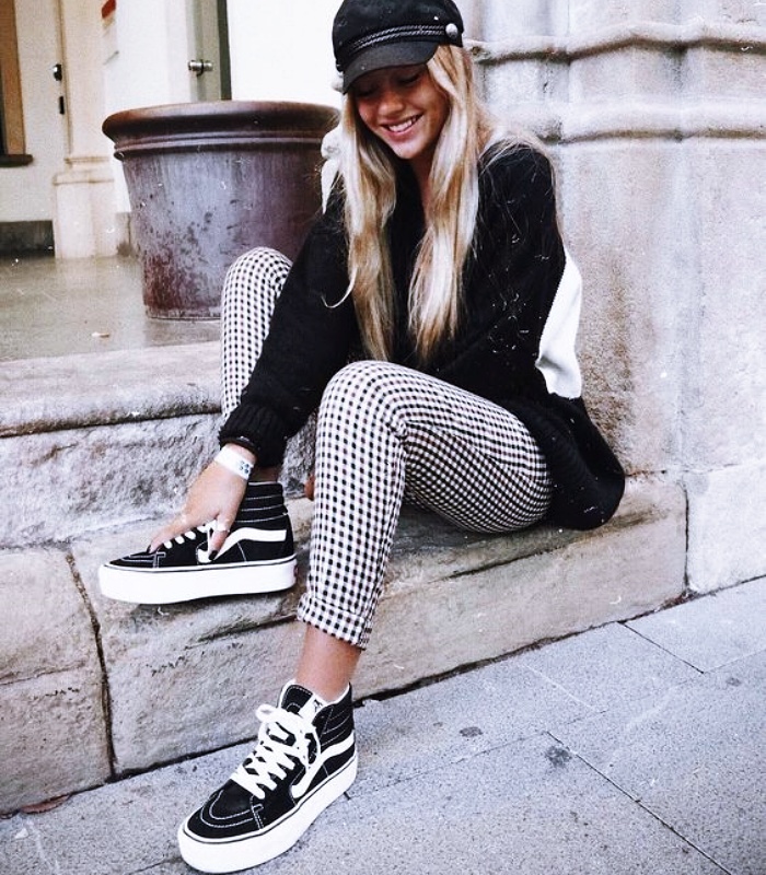 girl, girl, long haired woman, short, up, dark, blond, black, light wearing platform vans with jeans, pants, coat, sweatshirt, leather bag, sweater