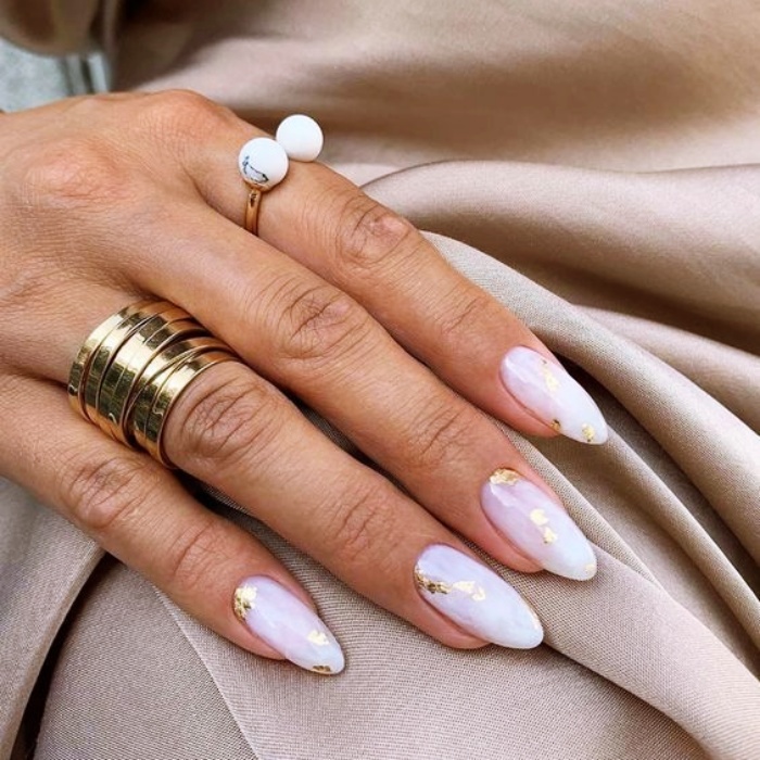 Acrylic, False, Natural Nails with Nude, White, Clear, Neutral Milky Gelish Style with Ring