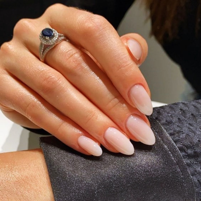 Acrylic, False, Natural Nails with Nude, White, Clear, Neutral Milky Gelish Style with Ring