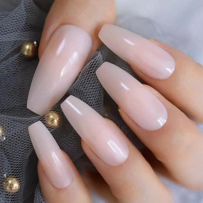 Acrylic, False, Natural Nails with Nude, White, Clear, Neutral Milky Gelish Style with Ring