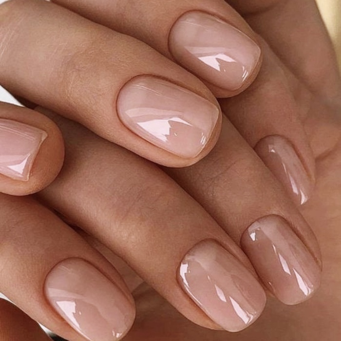 Acrylic, False, Natural Nails with Nude, White, Clear, Neutral Milky Gelish Style with Ring