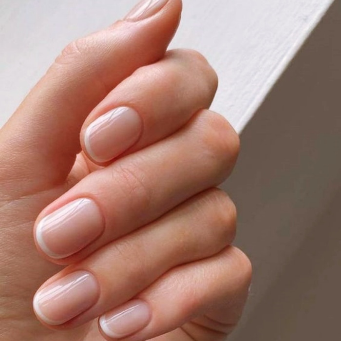 Acrylic, False, Natural Nails with Nude, White, Clear, Neutral Milky Gelish Style with Ring