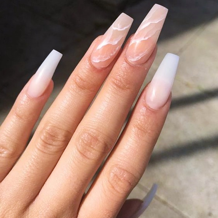 Acrylic, False, Natural Nails with Nude, White, Clear, Neutral Milky Gelish Style with Ring