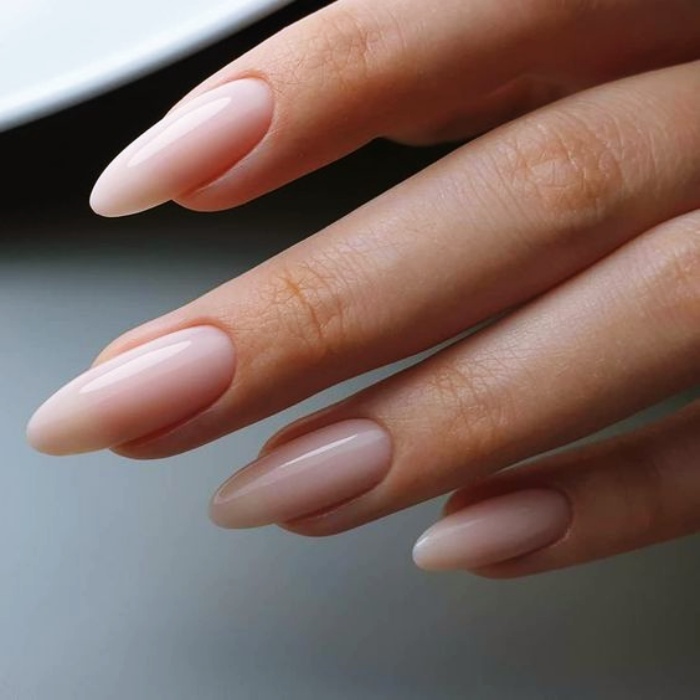 Acrylic, False, Natural Nails with Nude, White, Clear, Neutral Milky Gelish Style with Ring