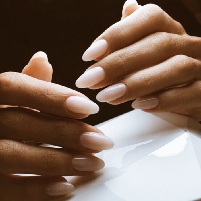 Acrylic, False, Natural Nails with Nude, White, Clear, Neutral Milky Gelish Style with Ring