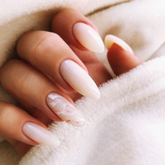 Acrylic, False, Natural Nails with Nude, White, Clear, Neutral Milky Gelish Style with Ring