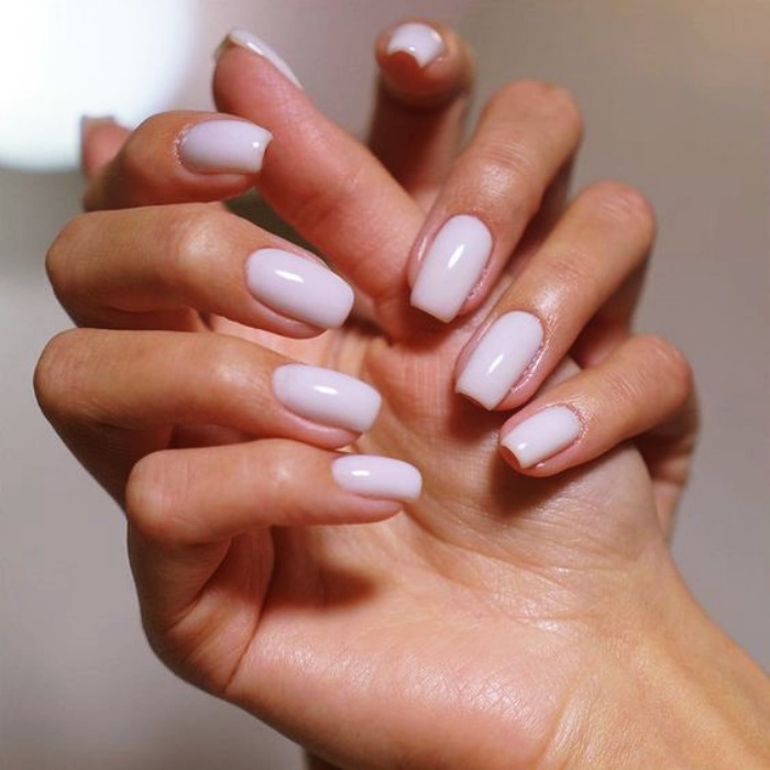 Acrylic, False, Natural Nails with Nude, White, Clear, Neutral Milky Gelish Style with Ring