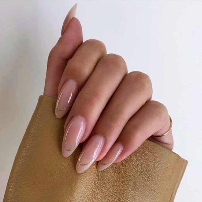 Acrylic, False, Natural Nails with Nude, White, Clear, Neutral Milky Gelish Style with Ring