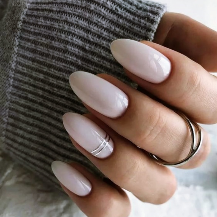 Acrylic, False, Natural Nails with Nude, White, Clear, Neutral Milky Gelish Style with Ring