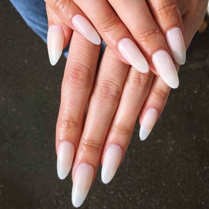 Acrylic, False, Natural Nails with Nude, White, Clear, Neutral Milky Gelish Style with Ring