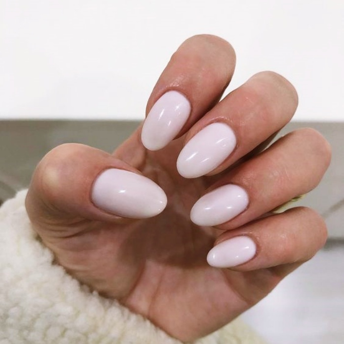 Acrylic, False, Natural Nails with Nude, White, Clear, Neutral Milky Gelish Style with Ring