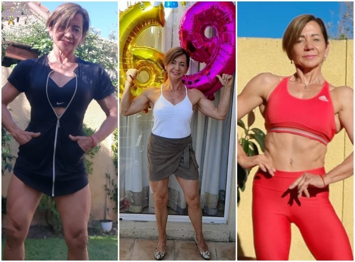 Mujer celebrando cumpleaños; ¡Abuelita de 69 años gana campeonato de fisicoculturismo!; sus músculos son increíbles