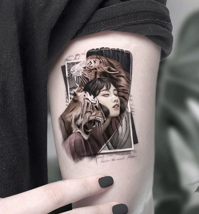 Chica con leones ;Artista realiza coloridos tatuajes que parecen miniobras de arte 