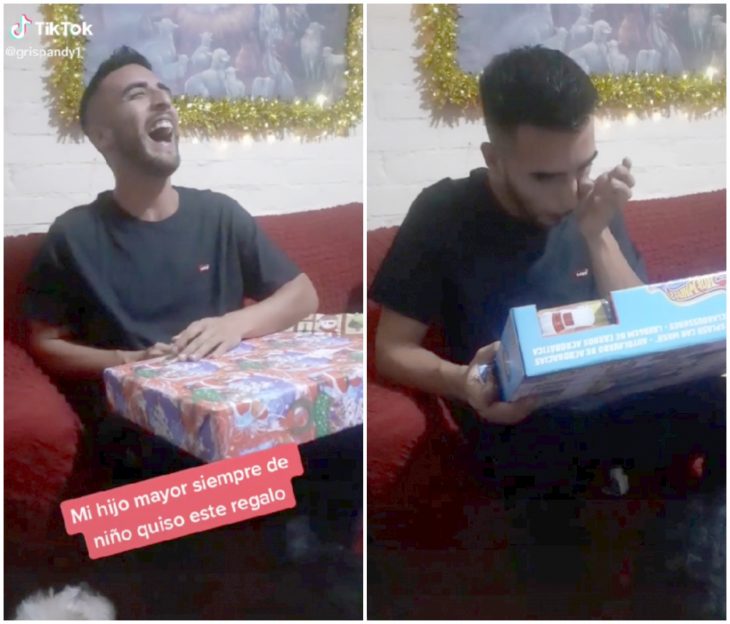 Chico abriendo un regalo; A sus 25 su mamá le regaló el juguete que siempre quiso de niño