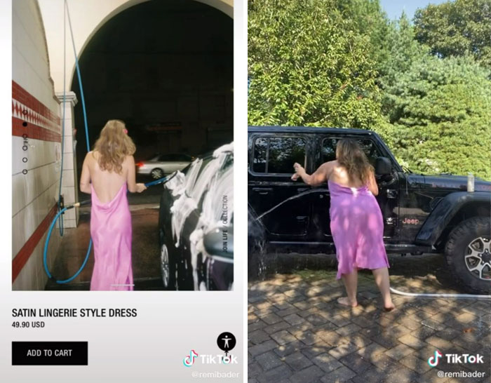 chica lavando un auto ;Recrea poses de las modelos de Zara para mostrar lo ridículas que son